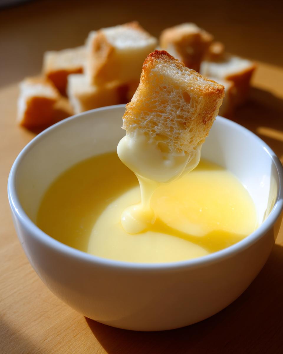 A piece of toasted bread being dipped into a bowl of creamy, yellow cheese fondue recipe.