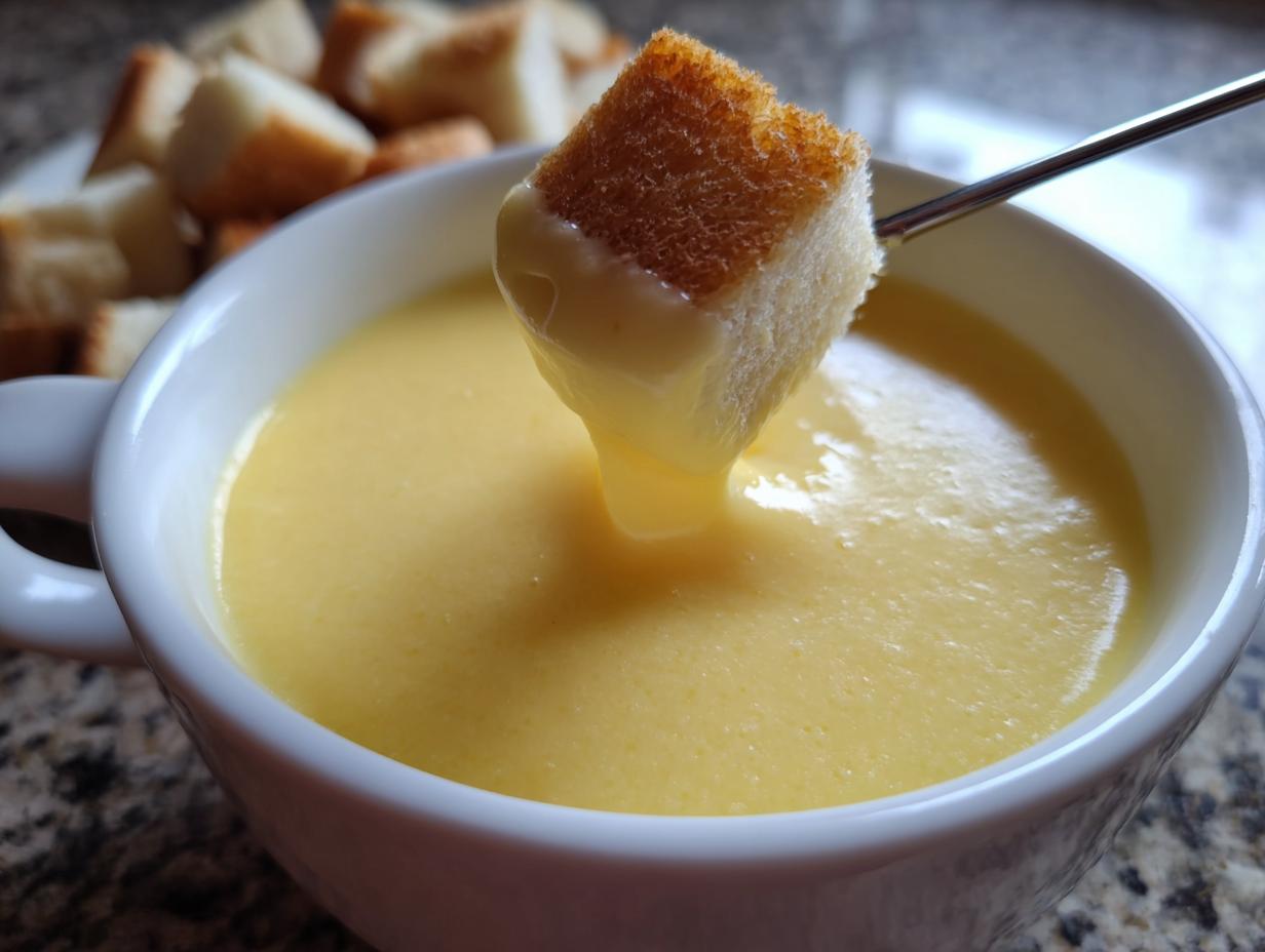 A piece of bread on a fondue fork being dipped into a white bowl of creamy, yellow cheese fondue recipe.