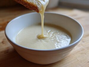 A piece of toasted bread is dipped into a white bowl filled with thick, creamy roasted cauliflower soup.