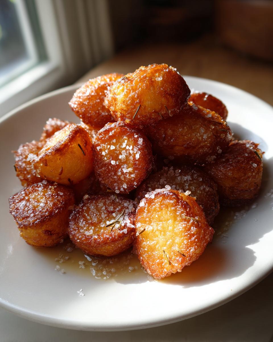 A close-up of golden brown, incredibly crispy roast potatoes sprinkled generously with flaky sea salt and rosemary.