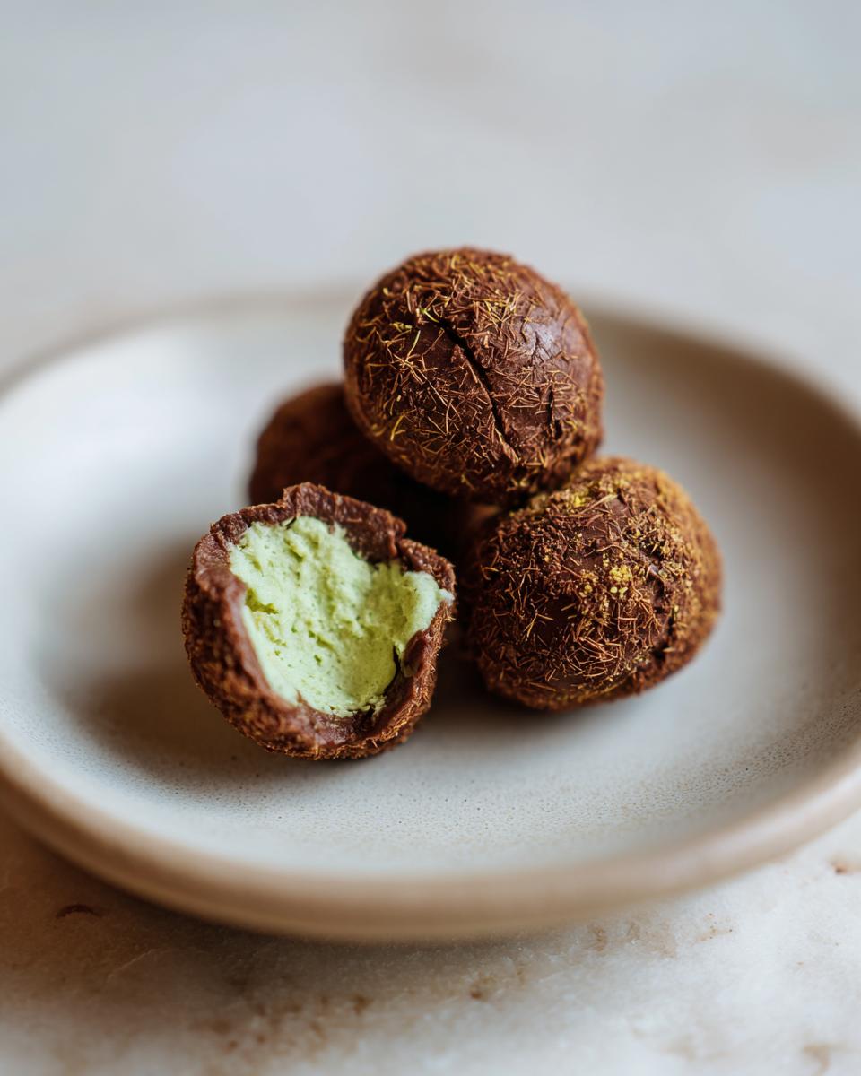 Close-up of several decadent dubai chocolate balls, one cut open to reveal a bright green pistachio filling.