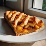 A close-up slice of easy apple strudel featuring a golden lattice crust and visible apple and raisin filling.