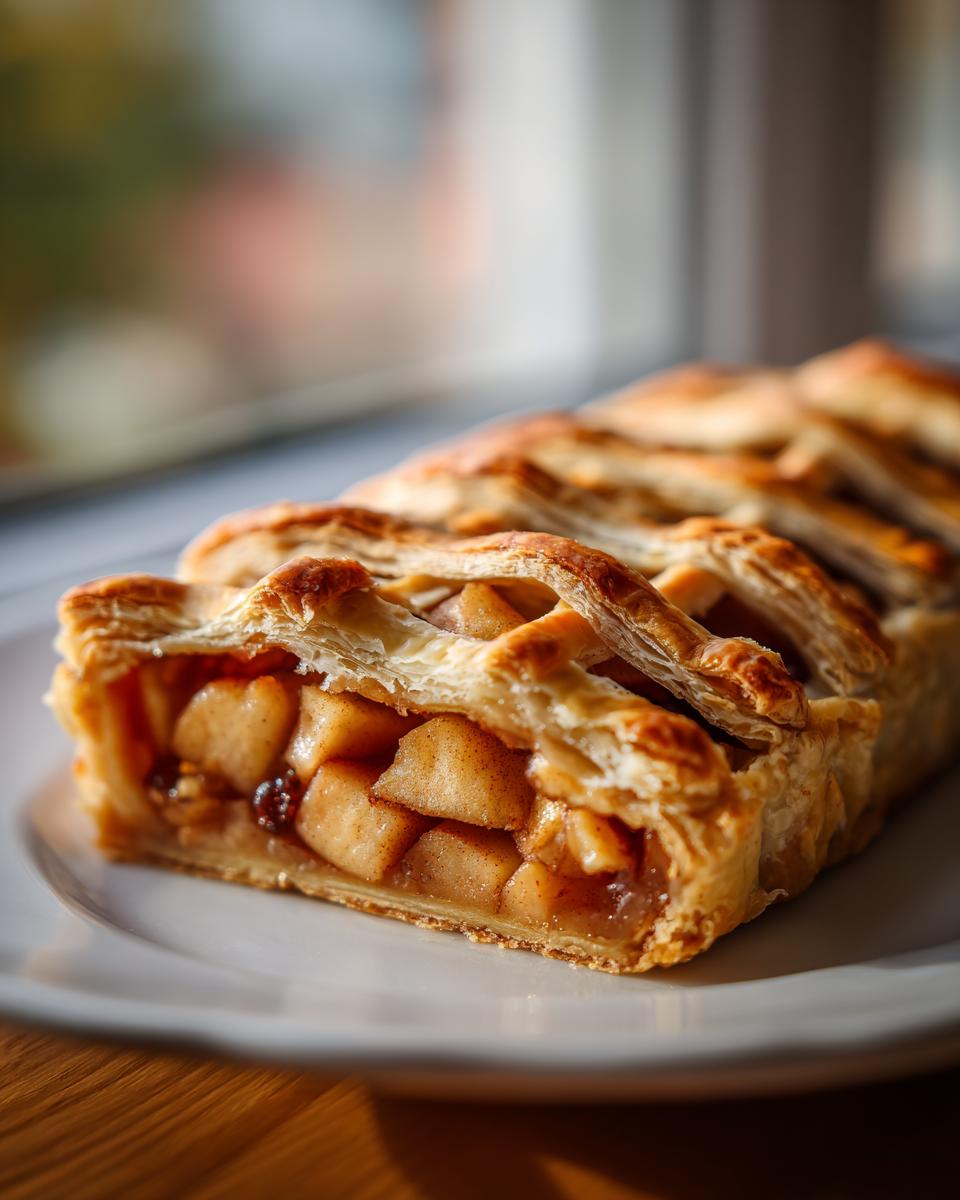 Close-up of a golden brown slice of apple strudel showing chunky cinnamon apples and raisins inside a flaky lattice crust.