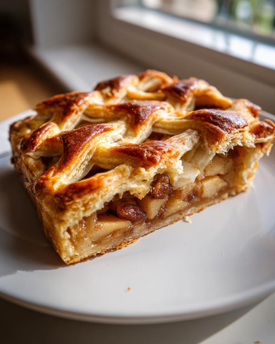 A close-up of a delicious slice of apple strudel with a golden, flaky lattice crust, showing the spiced apple and raisin filling.
