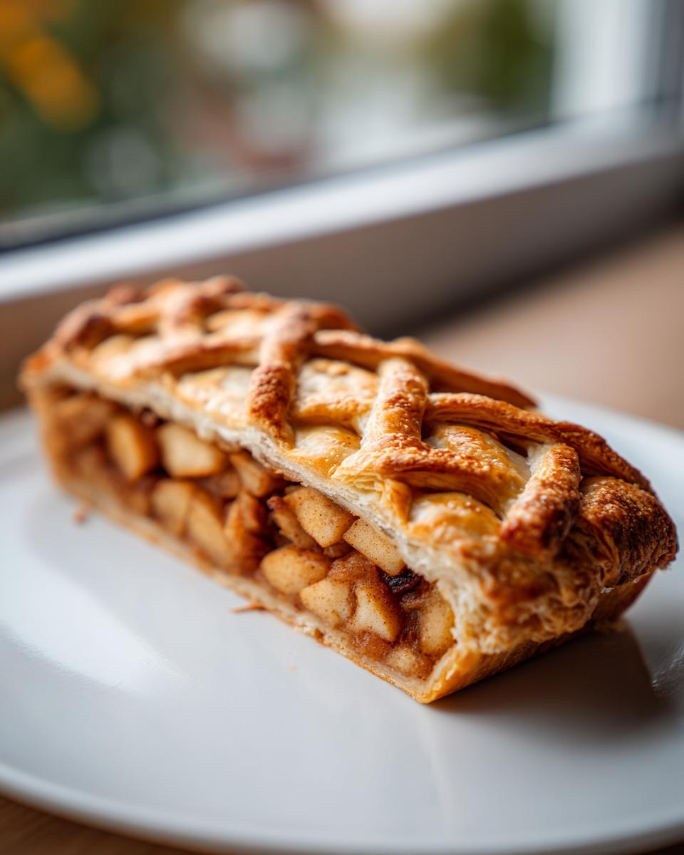A close-up of a thick slice of homemade apple strudel showing cinnamon-spiced apples and a flaky lattice crust.