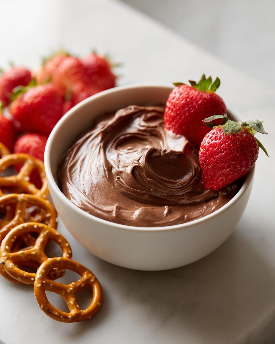 A bowl of rich, swirled chocolate dip garnished with fresh strawberries, served alongside pretzels.