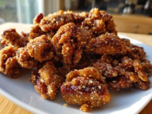 A close-up of a pile of freshly made cinnamon sugar pecans coated in glistening sugar crystals on a white plate.