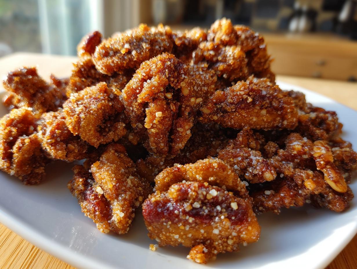 A close-up of a pile of freshly made cinnamon sugar pecans coated in glistening sugar crystals on a white plate.