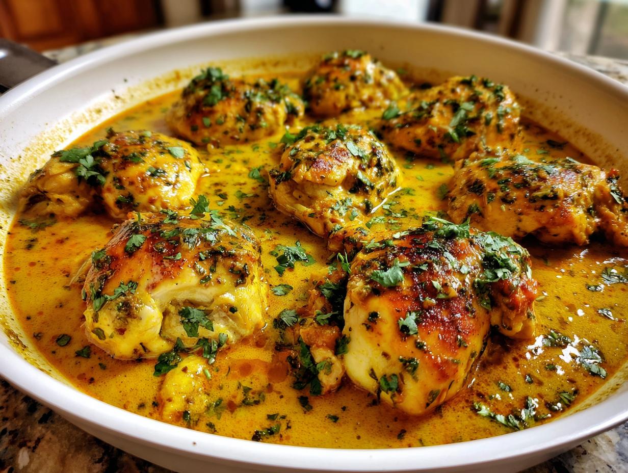Close-up of seared chicken pieces simmering in a rich, yellow coconut chicken sauce, garnished with fresh parsley.