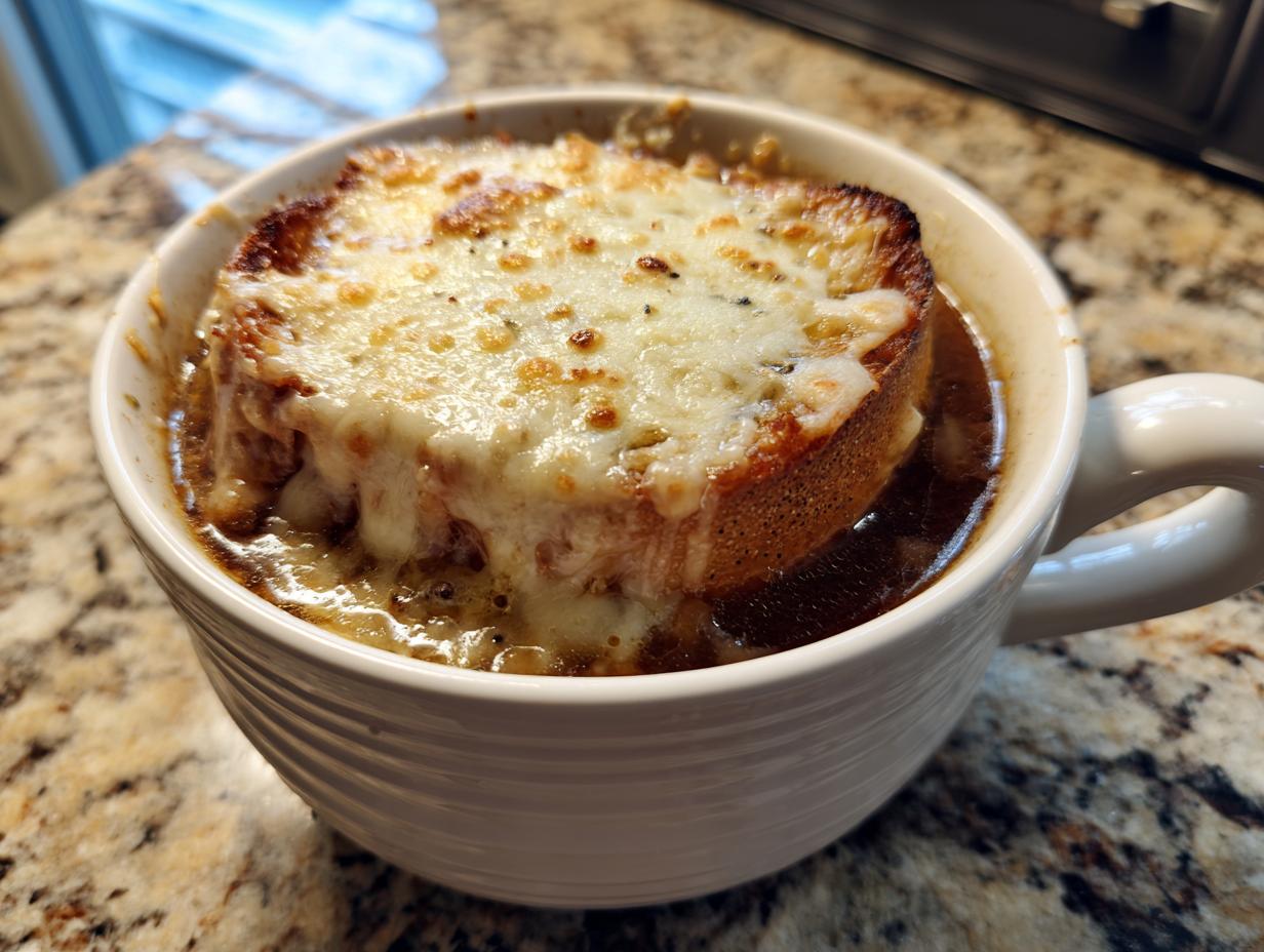 Close-up of a hearty bowl of french onion soup topped with a thick slice of bread and bubbly, melted Gruyère cheese.