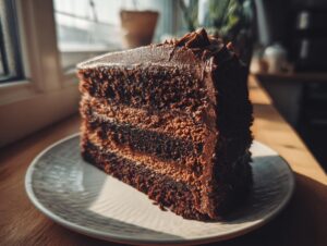 A close-up, dramatic shot of a tall slice of moist chocolate cake with thick frosting, bathed in sunlight.