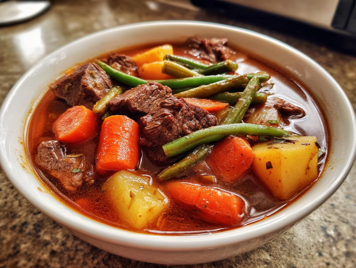 Close-up of a rich vegetable beef soup featuring tender beef chunks, bright carrots, potatoes, and green beans in a deep broth.