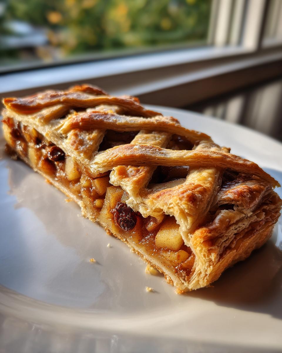 Close-up of a flaky slice of apple strudel with a lattice crust, showing spiced apple and raisin filling.