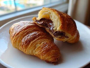 Close-up of a flaky, golden brown chocolate croissant cut in half revealing melted chocolate filling.