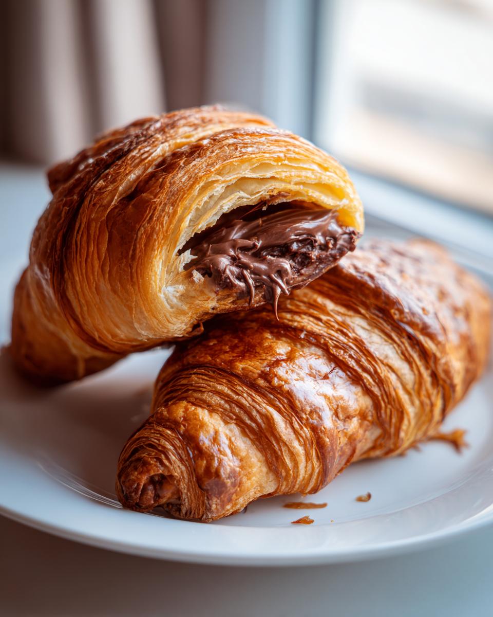 Two golden brown, flaky chocolate croissant pastries stacked on a white plate, one cut open showing melted chocolate filling.