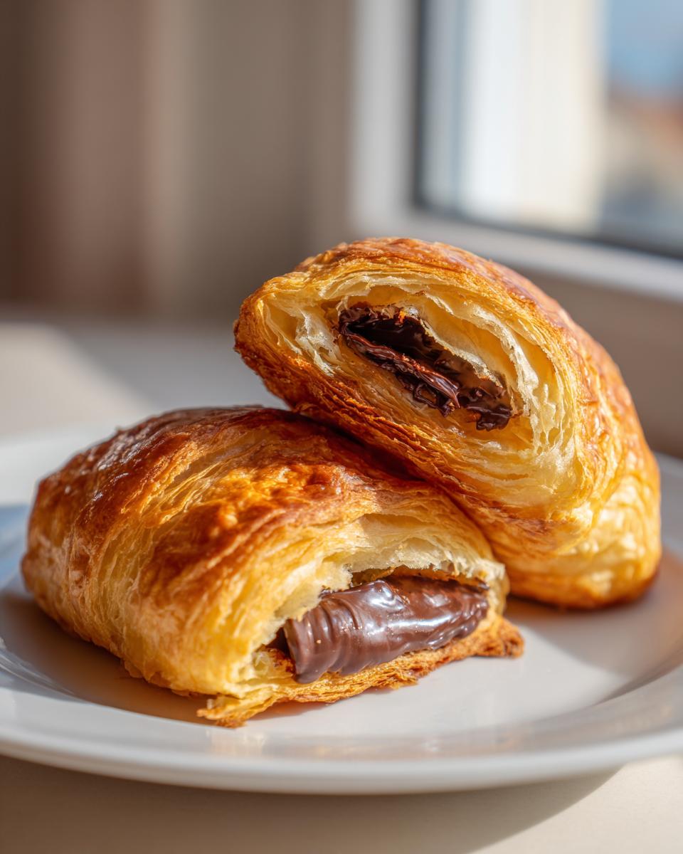 Two halves of a golden, flaky chocolate croissant showing the rich, melted chocolate filling inside.
