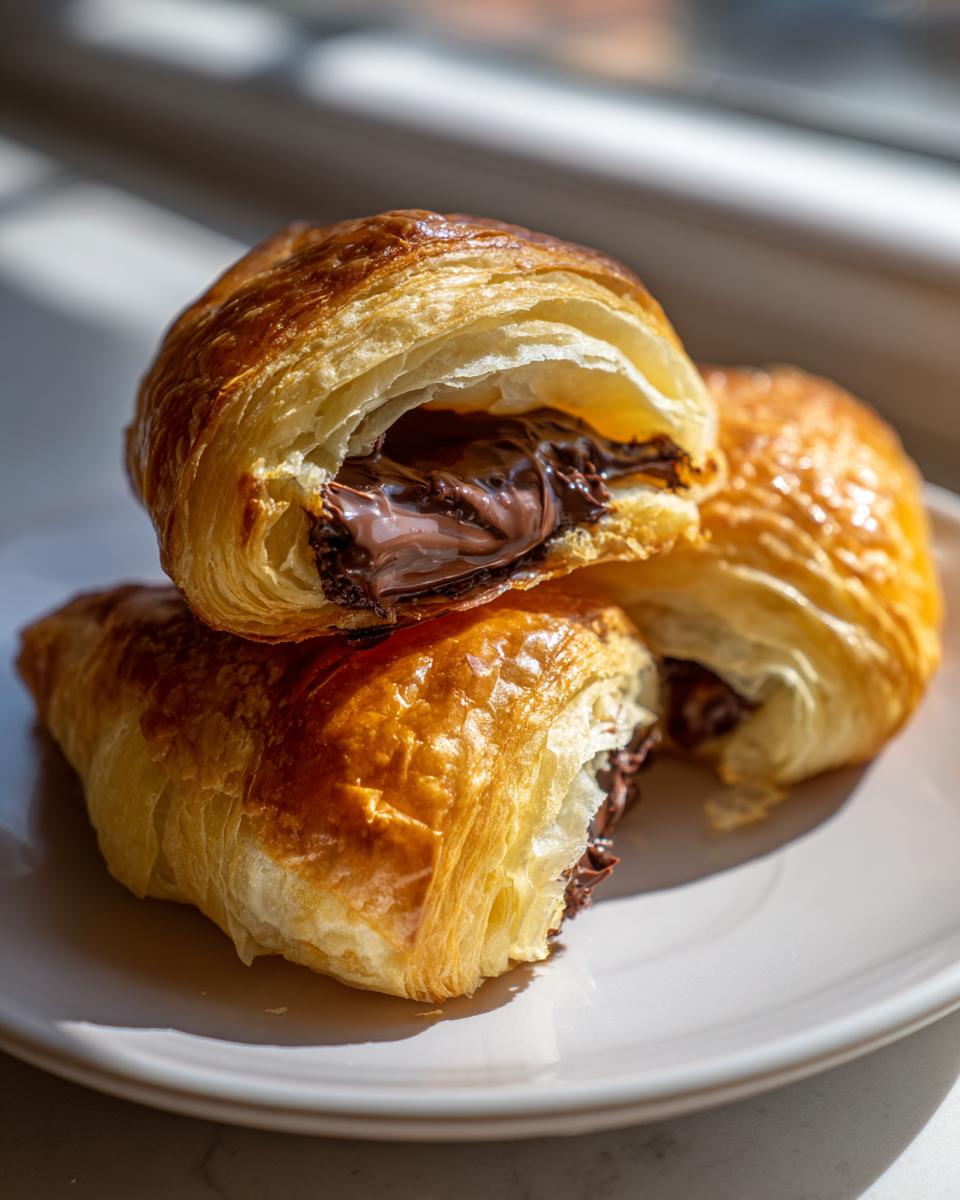 Two flaky, golden brown chocolate croissants stacked on a plate, showing the gooey melted chocolate filling inside.