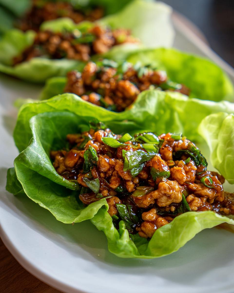 Three servings of savory chicken lettuce wraps filled with ground chicken in a dark sauce and topped with green onions.