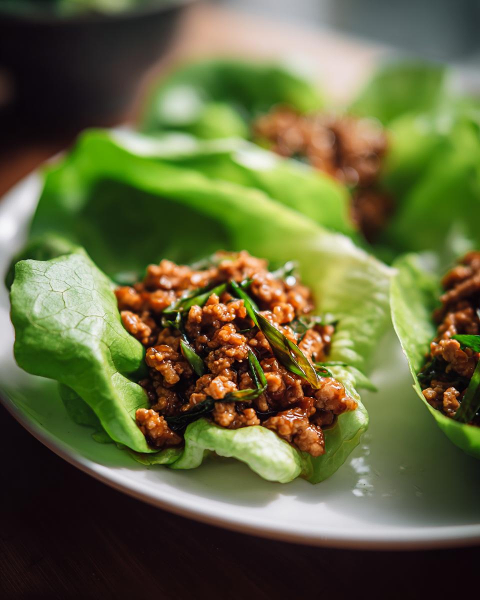 Close-up of several fresh chicken lettuce wraps filled with savory ground chicken mixture and green onions.