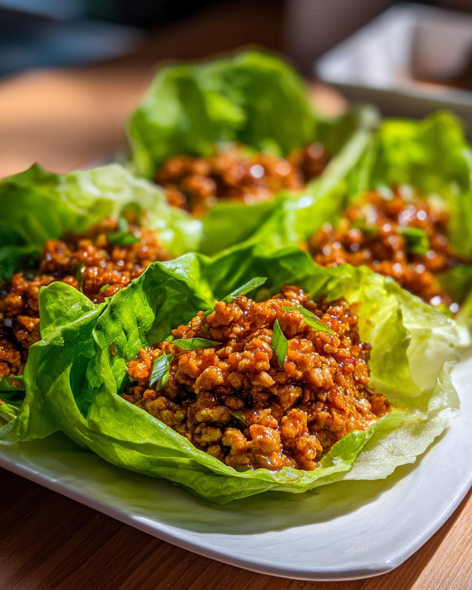 Four servings of savory chicken lettuce wraps filled with ground chicken mixture and garnished with green onions.