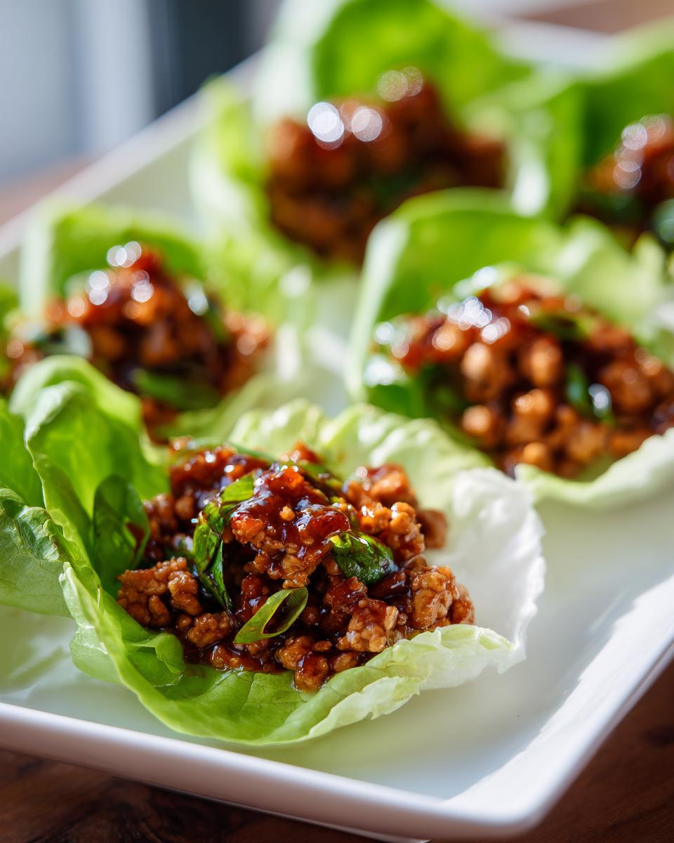 Close-up of several fresh chicken lettuce wraps filled with savory, glazed ground chicken and green onions.