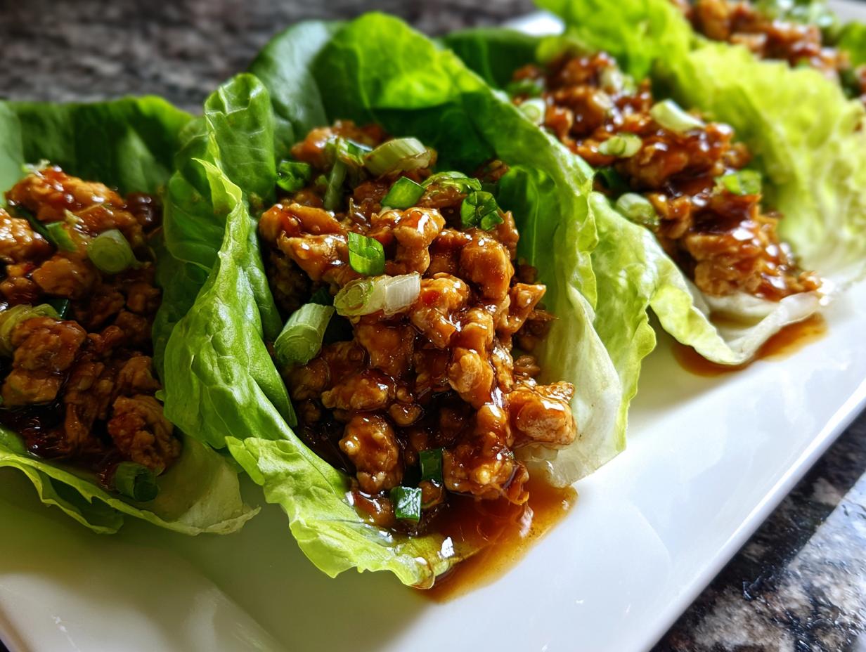 Close-up of several chicken lettuce wraps filled with savory ground chicken mixture and topped with green onions.