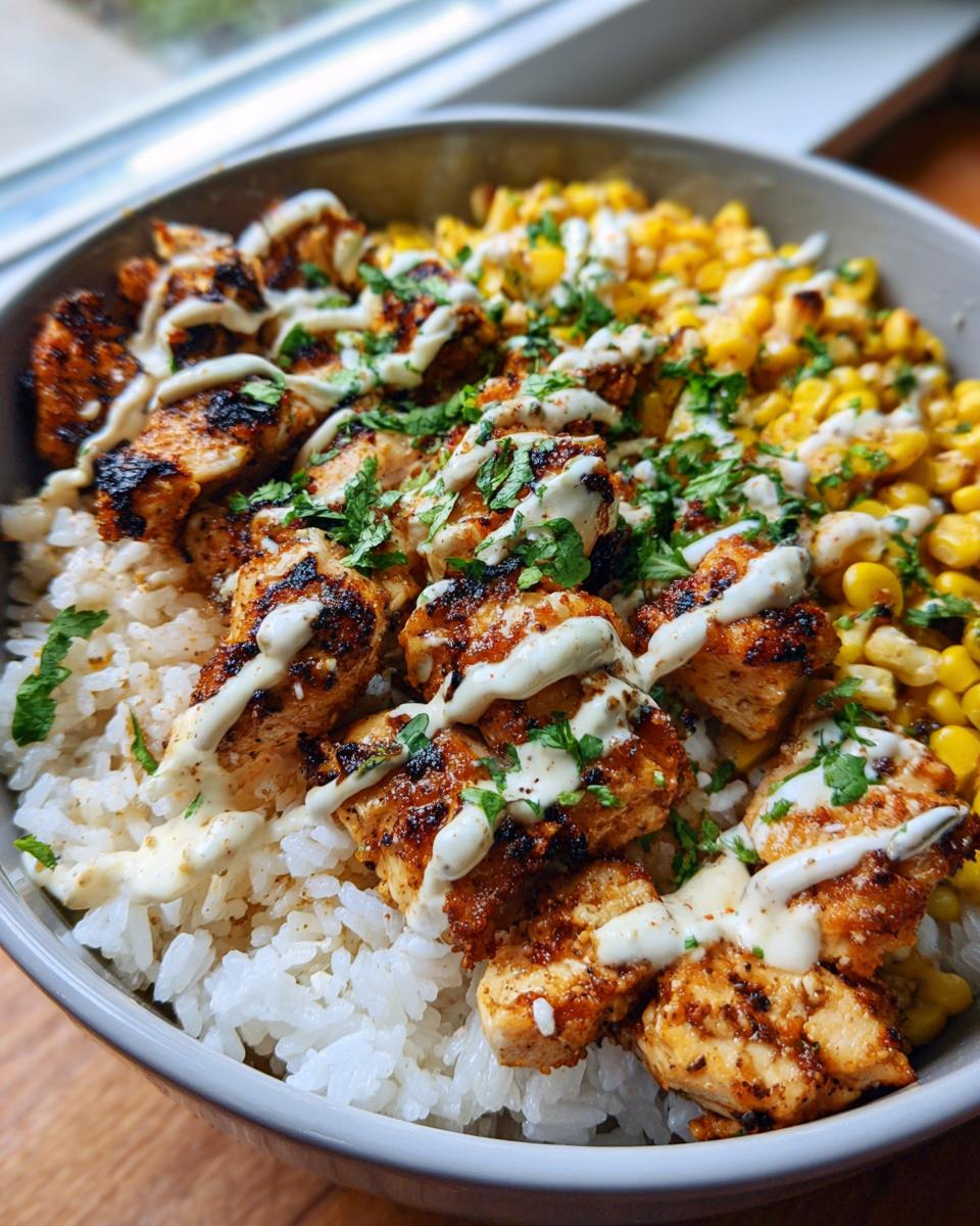 Close-up of a delicious chicken rice bowl featuring seasoned chicken pieces over white rice, corn, and drizzled with a white sauce.