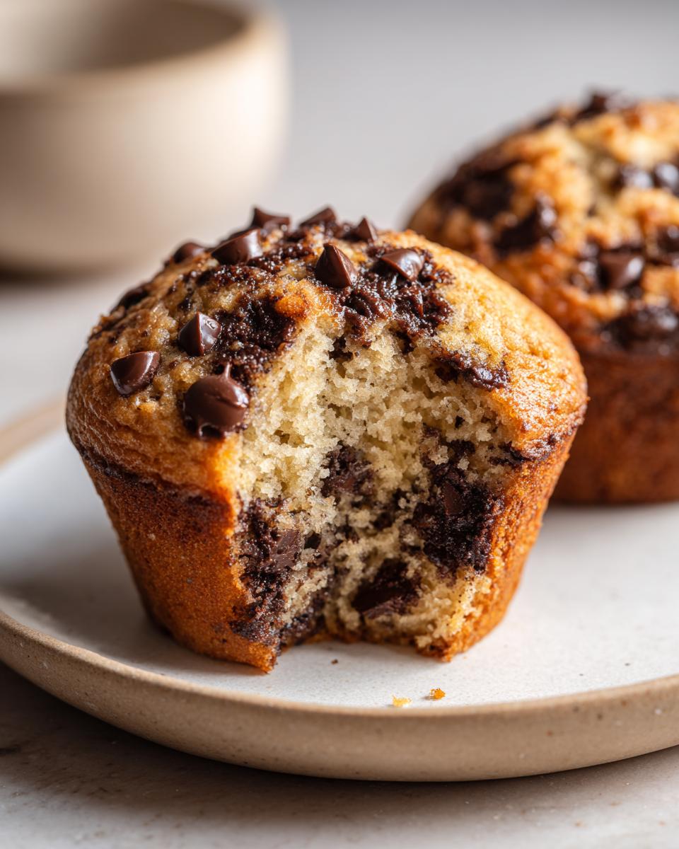 Close-up of a fluffy banana chocolate chip muffin with a bite taken out, showing melted chocolate chips inside.