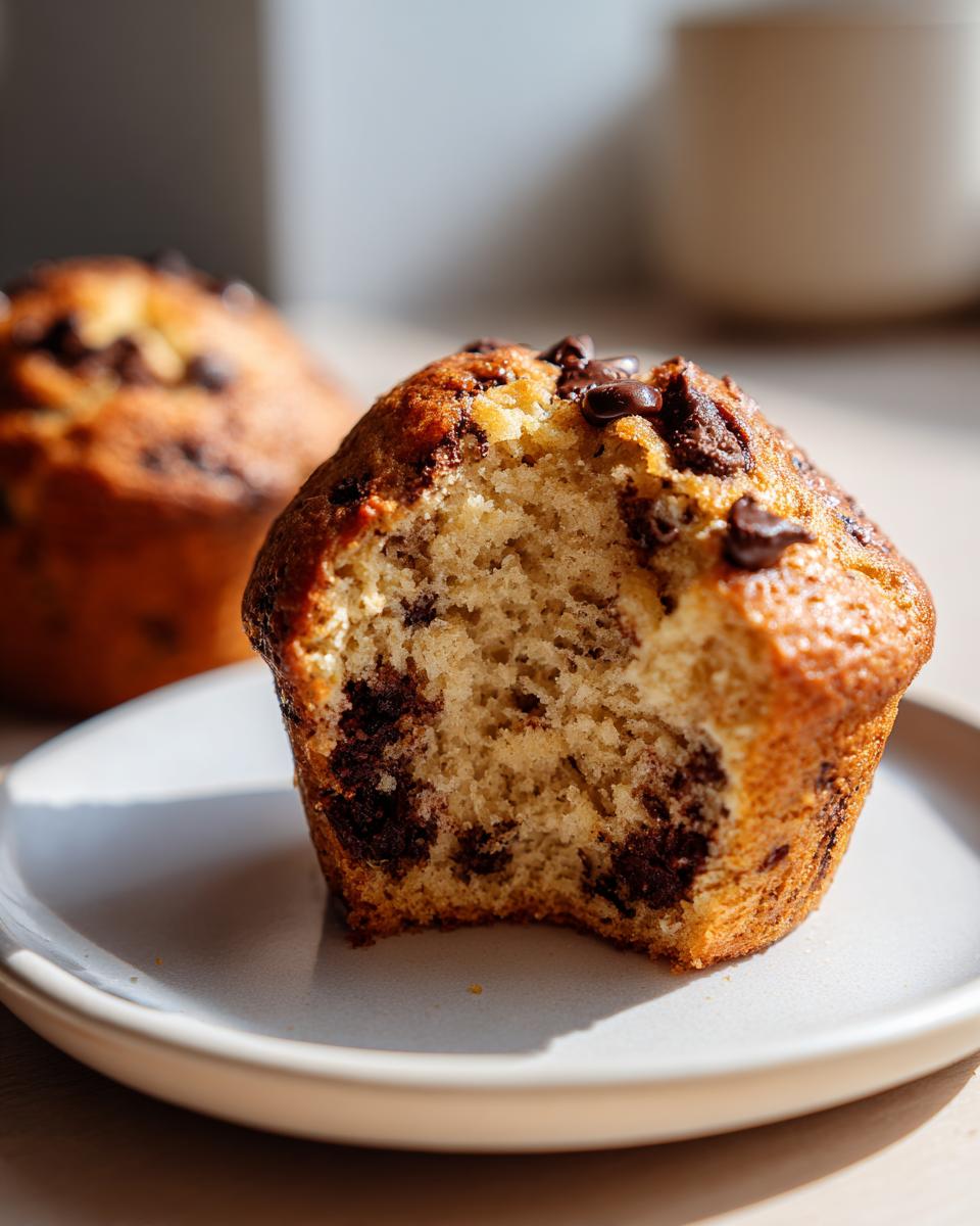 Close-up of a fluffy banana chocolate chip muffins with a bite taken out, revealing moist interior and melted chocolate chips.