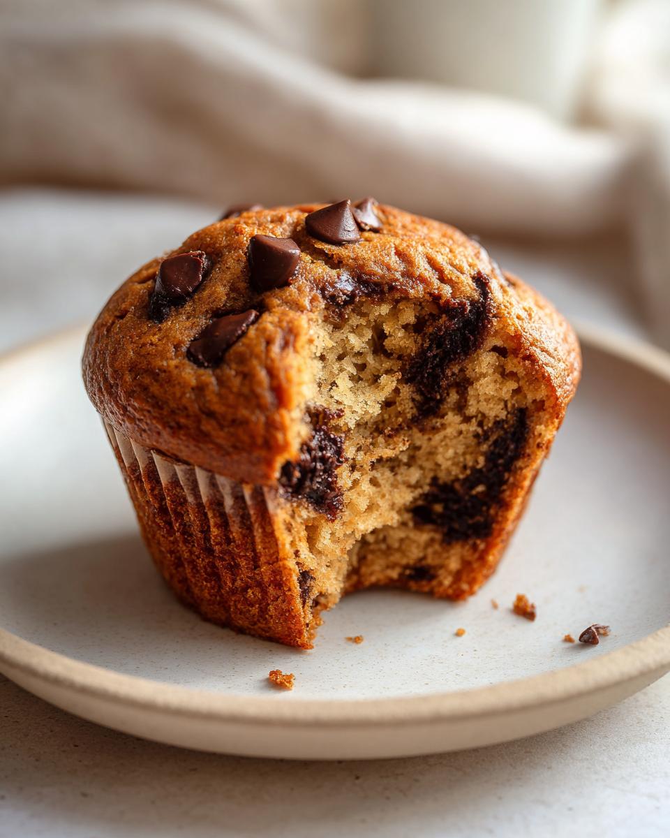 Close-up of a fluffy banana chocolate chip muffin with a bite taken out, revealing moist interior and melted chocolate chunks.