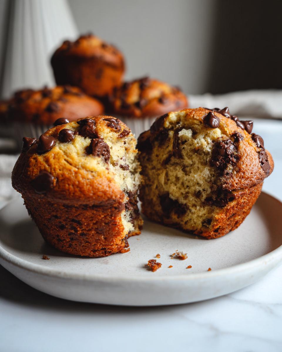 Close-up of a fluffy banana chocolate chip muffin cut in half showing the moist interior and chocolate chips.
