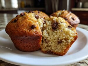 Close-up of fluffy banana chocolate chip muffins, one split open showing the moist interior and melted chocolate chips.