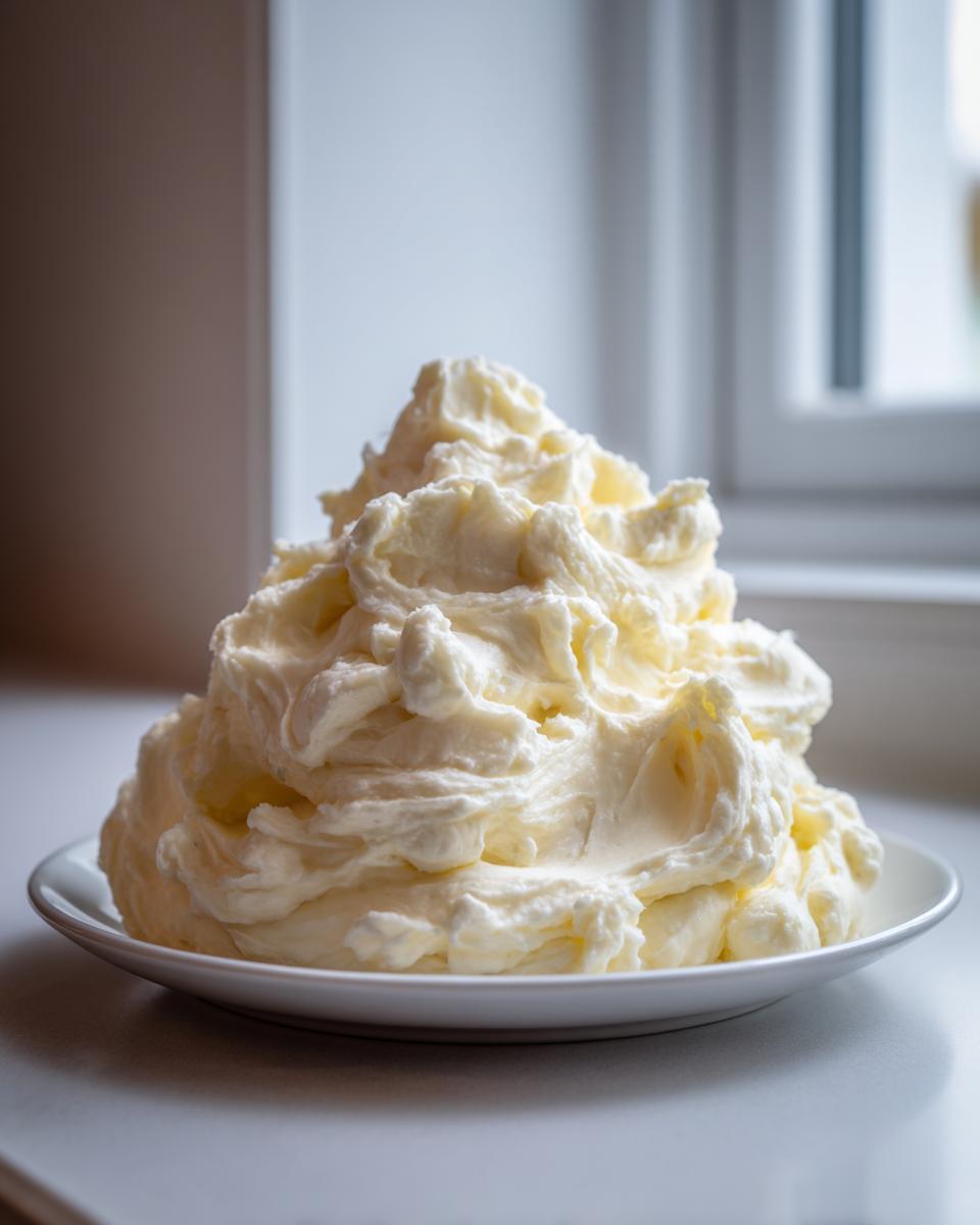 A large, fluffy mound of creamy Boursin mashed potatoes served on a white plate near a window.