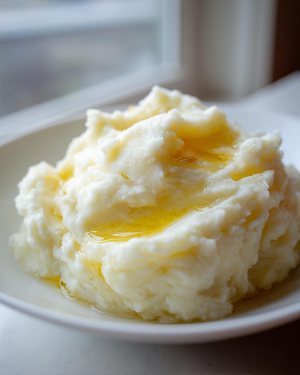 A close-up of fluffy garlic mashed potatoes topped with melted butter in a white bowl.