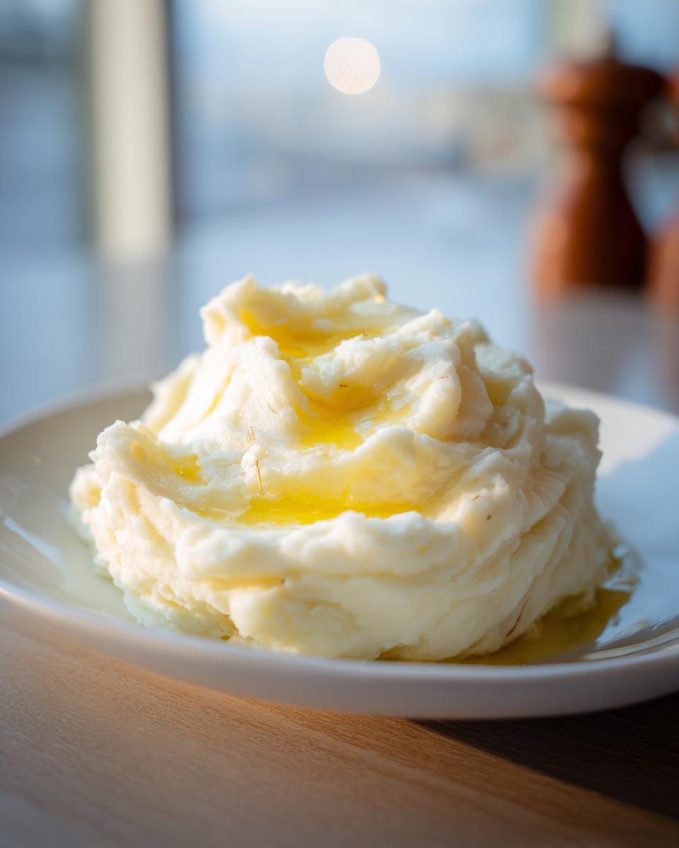 A perfect mound of fluffy garlic mashed potatoes topped with melted butter on a white plate.