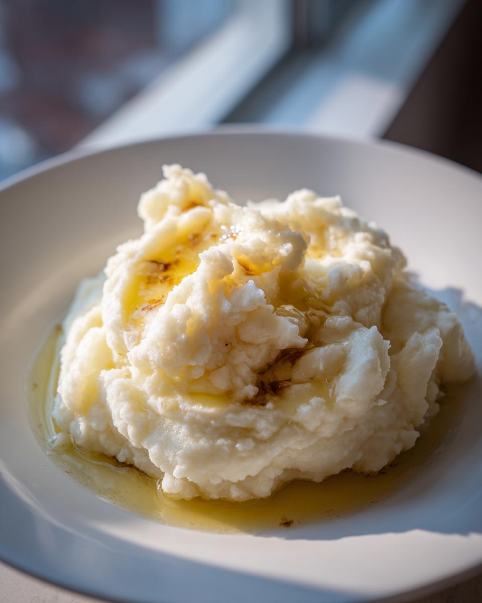 A close-up of fluffy garlic mashed potatoes served in a white bowl, generously drizzled with melted butter.
