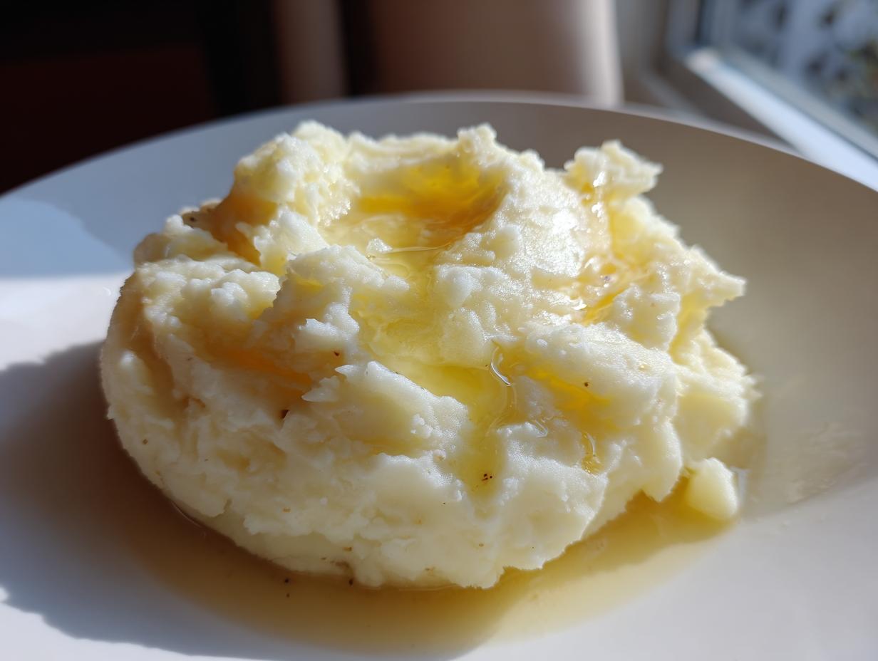 A scoop of fluffy garlic mashed potatoes topped with melted butter pooling on a white plate.