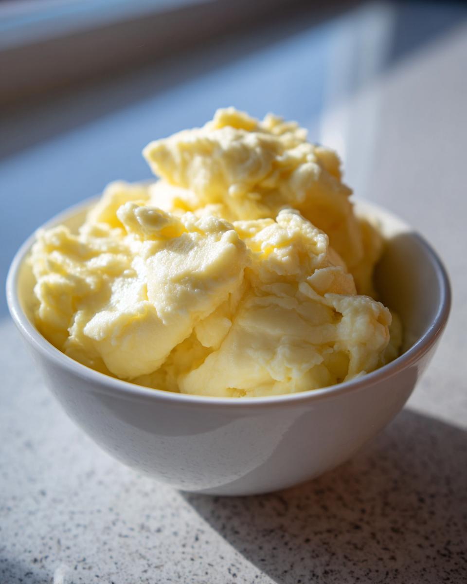 A close-up of fluffy, creamy scrambled eggs served in a small white bowl.