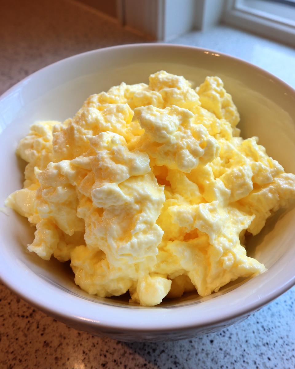 Close-up of very fluffy, creamy scrambled eggs served in a white bowl.