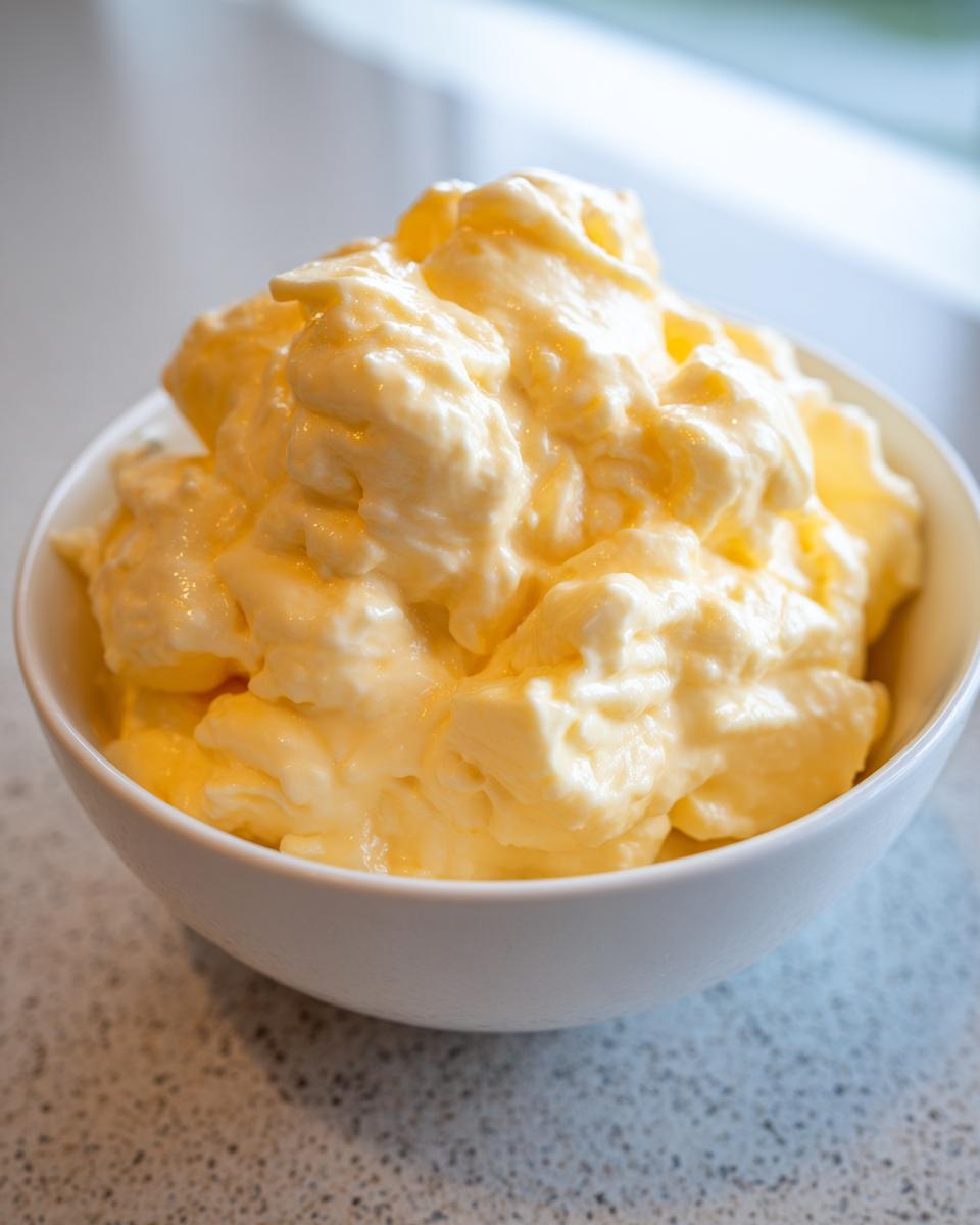 Close-up of incredibly fluffy scrambled eggs piled high in a white bowl, perfectly cooked.
