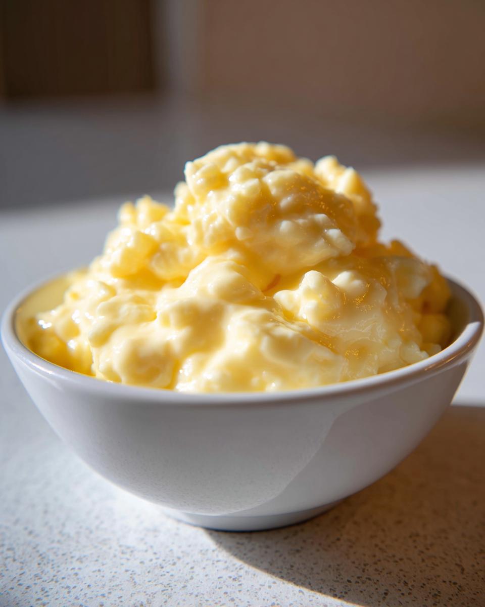 A close-up of very fluffy, creamy scrambled eggs served in a small white bowl.