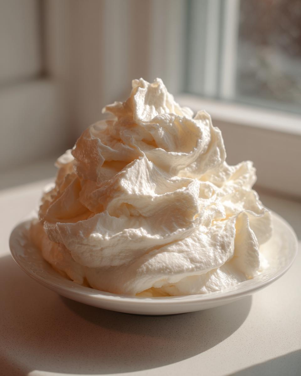 A large swirl of fluffy white topping, likely whipped cream or sour cream topping, ready to garnish boursin mashed potatoes.