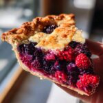 Close-up of a thick slice of berry pie, showing vibrant red raspberries and dark blackberries in the filling.