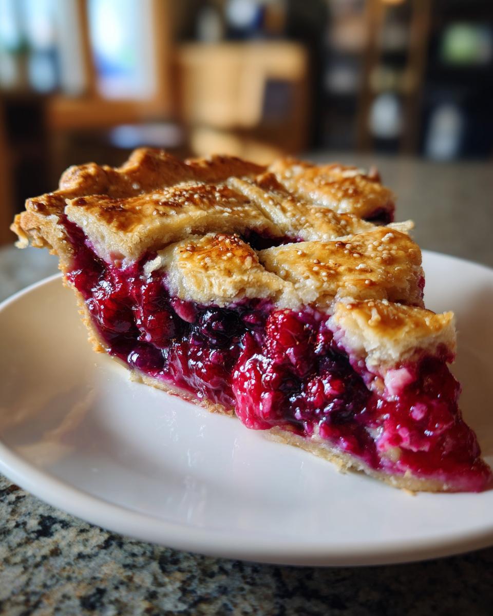 A close-up of a juicy slice of berry pie featuring a thick, vibrant red-purple filling and a golden lattice crust.