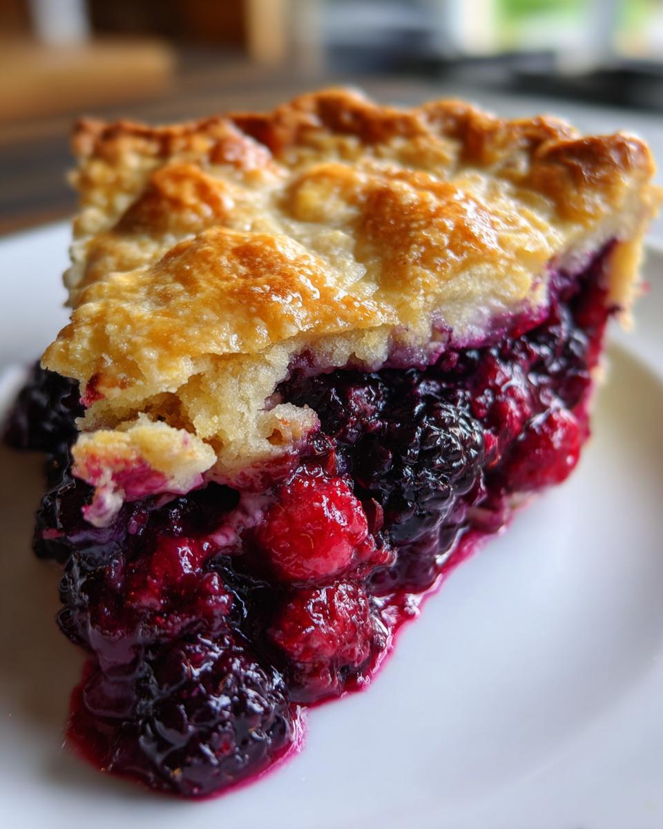 Close-up of a slice of berry pie showing juicy mixed berries and a flaky, golden-brown top crust.