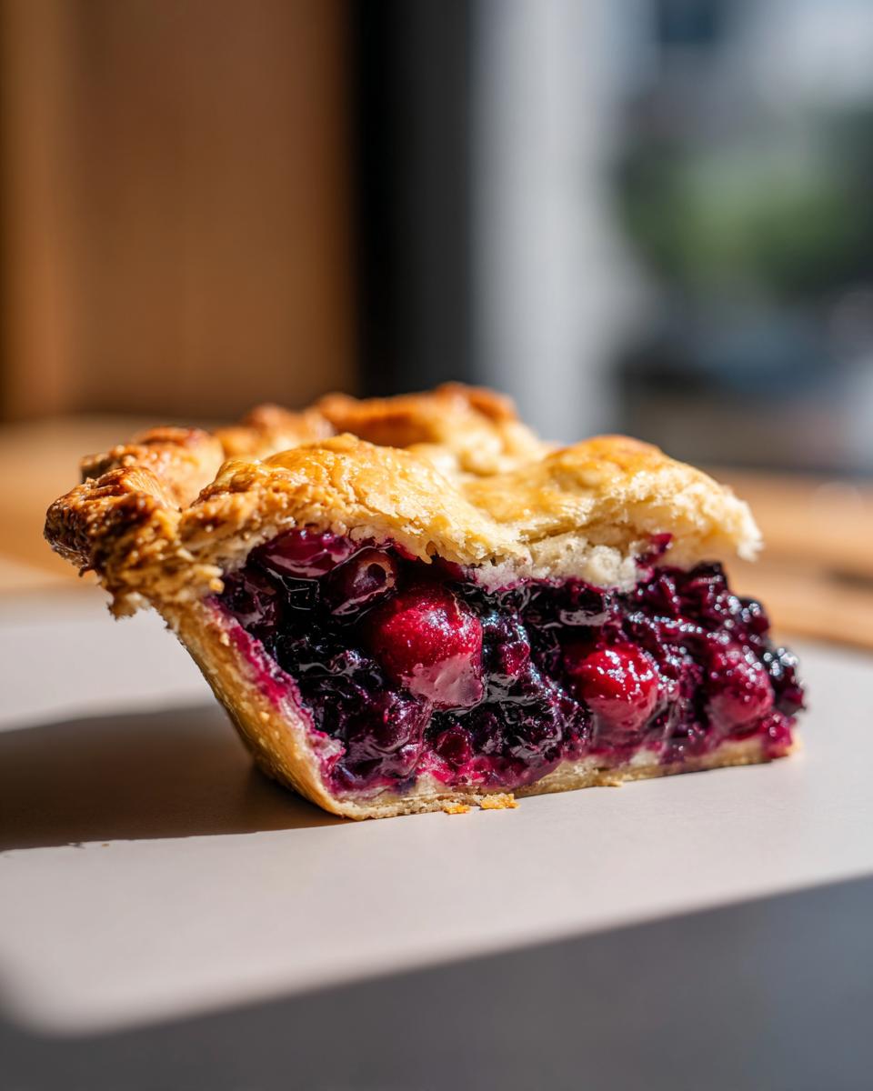 Close-up of a slice of berry pie showing a thick, juicy filling of dark berries and a golden, flaky top crust.