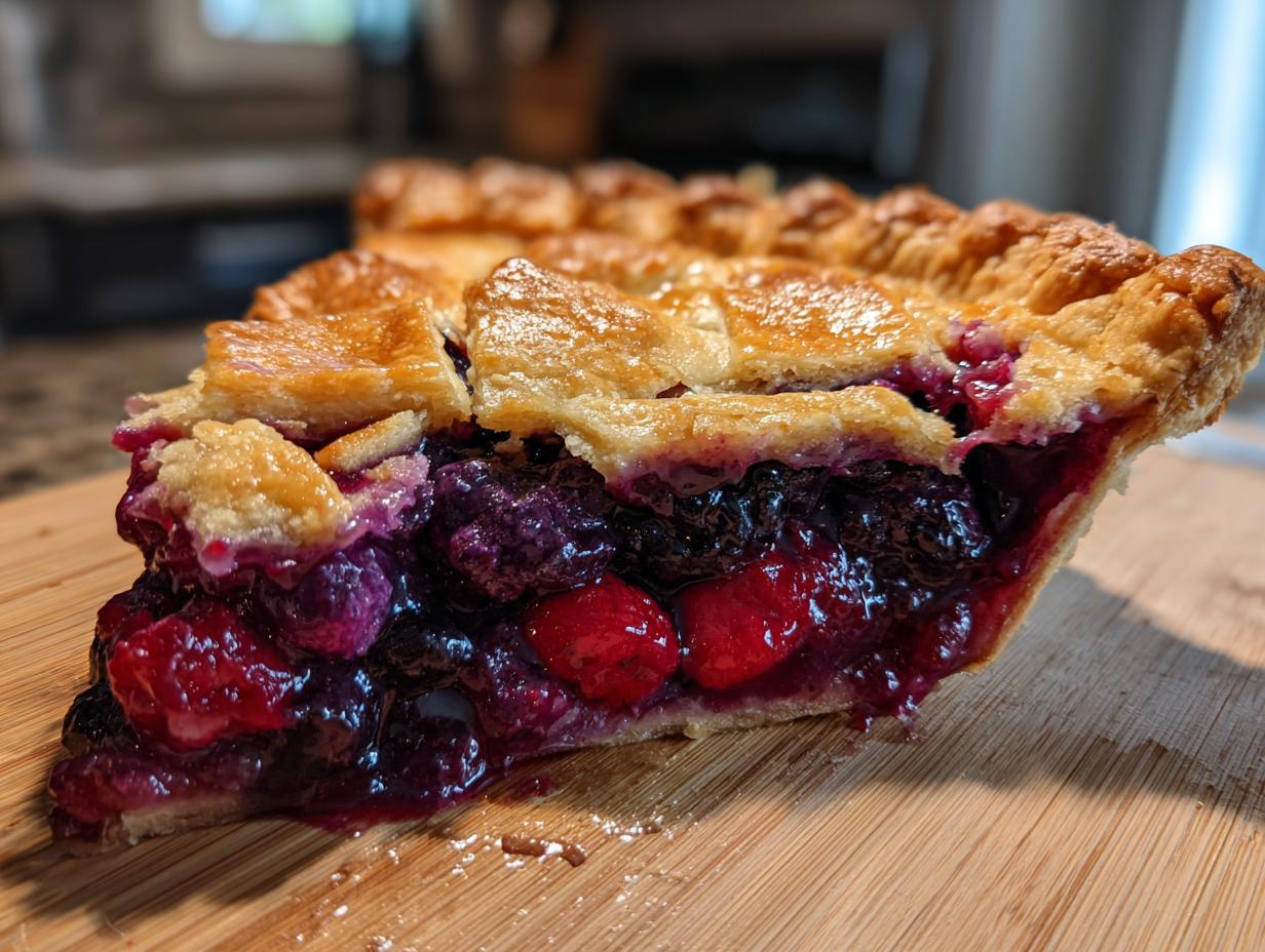 Close-up of a thick slice of berry pie showing juicy mixed berries and a flaky golden lattice crust.