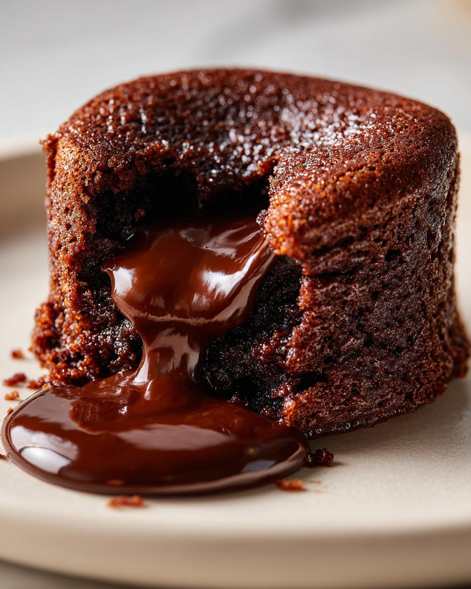 Close-up of a rich, dark chocolate lava cake with molten chocolate oozing out onto a light plate.