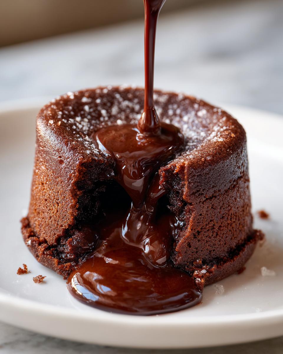 A freshly baked lava cake with molten chocolate sauce pouring from the center onto a white plate.