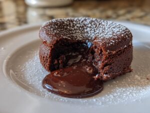 Close-up of a warm chocolate lava cake, dusted with powdered sugar, oozing rich, molten chocolate.
